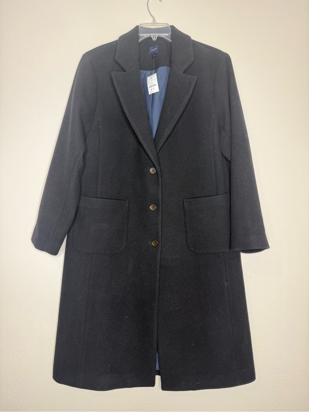J. Crew NEW Black Long Single-Breasted Wool Blend Trench Coat NWT Lg